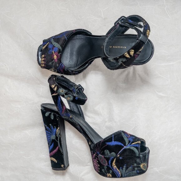 Giuseppe Zanotti Black and Blue Velvet Floral Platform Heels - Picture 7 of 9